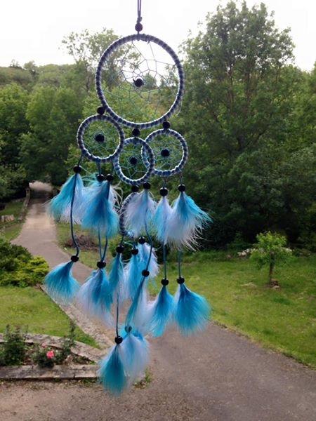 Creation crins cheval attrape reve grande taille turquoise blanc plume