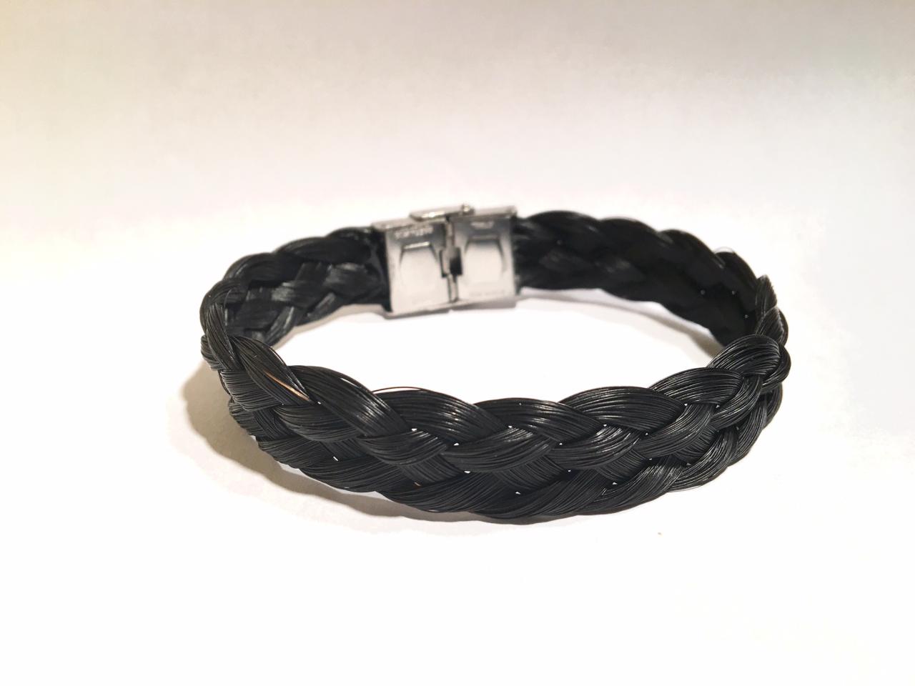 Bracelet en crins de cheval noir, acier inoxydable, idéal homme large