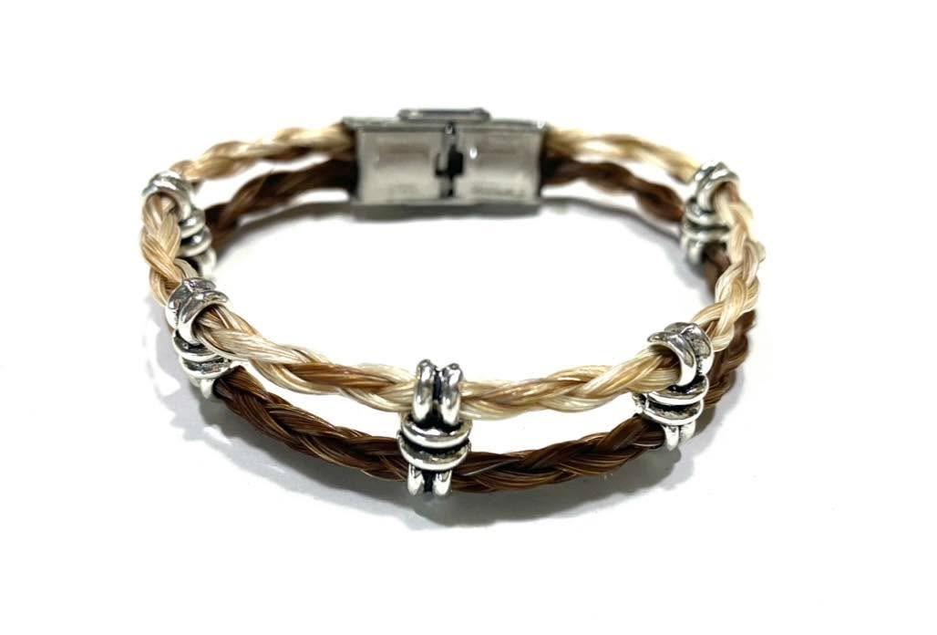 Bracelet double tresse avec perle métallique en crins de cheval